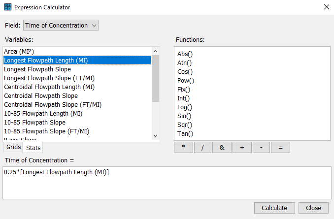 Using the Expression calculator to estimate the Time of Concentration parameter