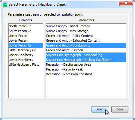 Selecting parameters for a computation point from those available at a subbasin element