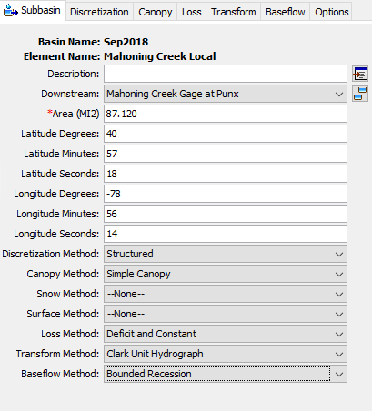 Selecting the Baseflow Method in the Subbasin Component Editor