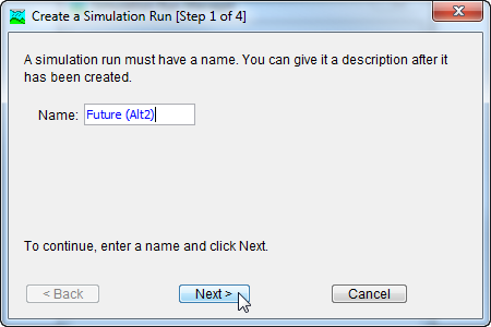 Entering a name for a new Simulation Run. The remaining steps are to select a Basin Model, Meteorologic Model, and Control Specifications.