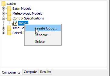Figure 3. Copying a control specifications from the Watershed Explorer. The Copy Control Specifications will appear after the Create Copy...menu command is selected. Figure 3. Copying a control specifications from the Watershed Explorer. The Copy Control Specifications will appear after the Create Copy...menu command is selected.