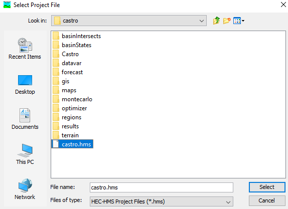 Figure 3. Browsing to open project that has not been opened previously.  Select the project file with hms extension.  
