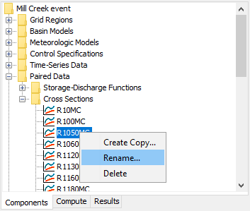 Figure 6. Renaming a cross section by selecting it in the Watershed Explorer and using the right-mouse menu.