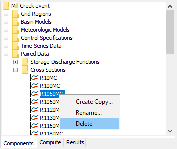 Figure 8. Preparing to delete a cross section from the Watershed Explorer.