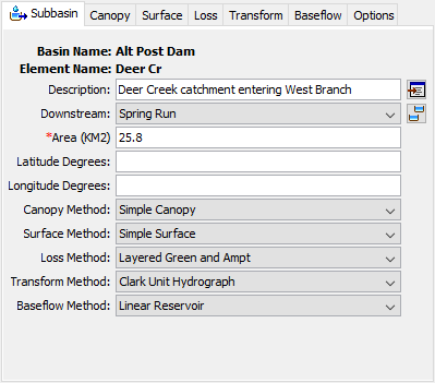 Figure 1. Selecting the loss rate method in the subbasin component editor.