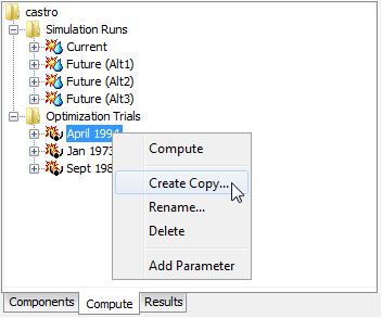 Figure 4. Copying an optimization trial from the Watershed Explorer.