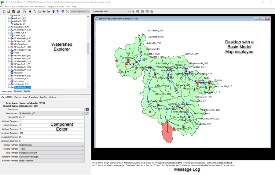 Figure 1. The main program screen with Watershed Explorer in the upper left, Component Editor in the lower left, Message Log at the bottom, and Desktop using the remaining area.