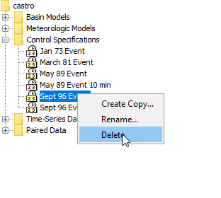 Figure 7. Deleting a control specifications in the Watershed Explorer.