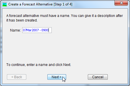 Figure 2. Entering a name for a new forecast alternative.