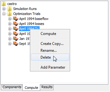 Figure 8. Deleting an optimization trial in the Watershed Explorer.