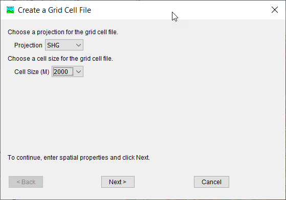 Figure 24. Choose a grid projection and cell size in the Create a Grid Cell File wizard.