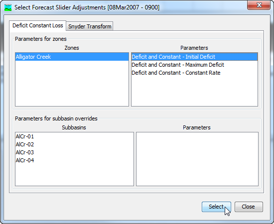 Figure 5. Selecting zone parameters for use as slider adjustments.