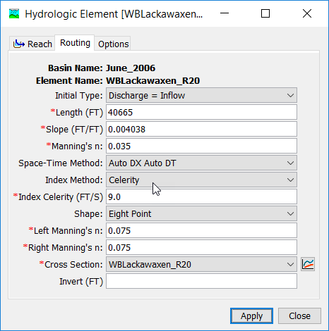 Figure 7. Muskingum-Cunge routing method editor.