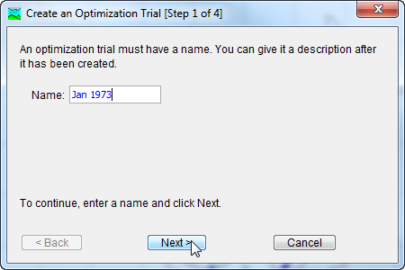 Figure 2. Entering a name for a new optimization trial.