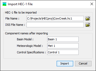 Selecting a HEC-1 file to import. The default names could be changed to better reflect the components.