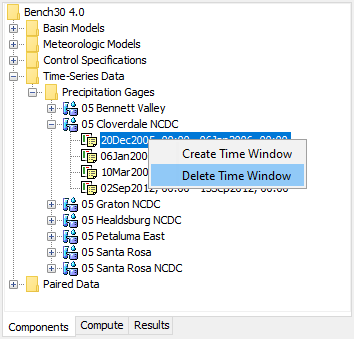 Figure 12. Deleting a selected time window from a gage after choosing it in the Watershed Explorer.