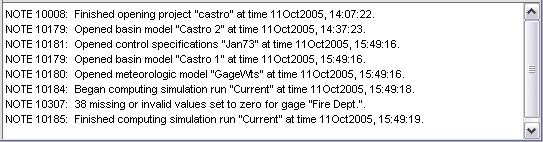 Figure 5. Message Log showing recent messages generated while computing a simulation run.