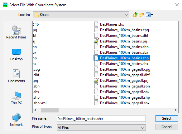 Figure 6. Browsing to a GIS data file that has a coordinate system specification.