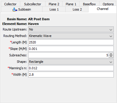 Figure 7. Kinematic Wave Channel Component Editor