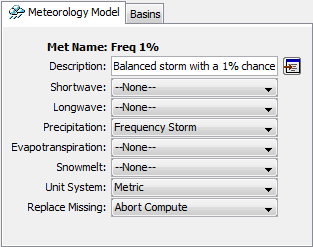 Figure 8. Meteorologic model component editor for selecting the radiation, precipitation, evapotranspiration, and snowmelt methods.