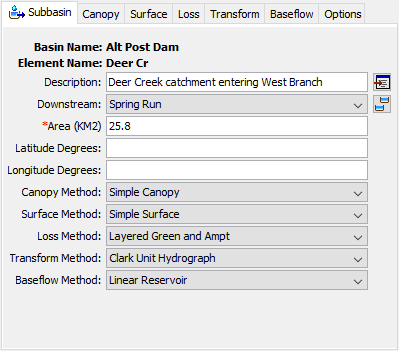 Figure 1. The surface method is selected in the subbasin component editor.