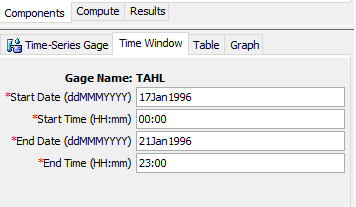 Figure 13. Using the time window component editor for a gage to view and edit the start and end time for a window.