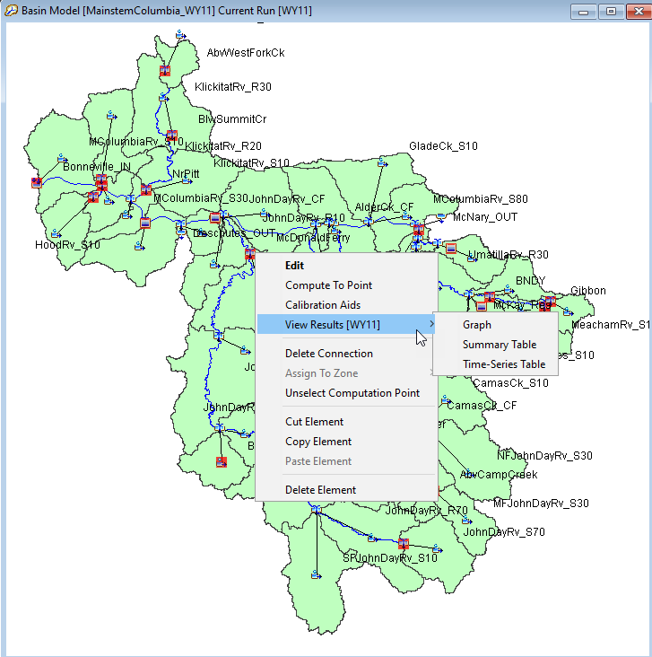 Figure 6. Accessing results for the current simulation run using the basin map.