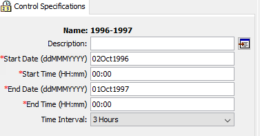 Figure 4. Control specifications component editor. The starting date and time are required, along with the ending date and time.