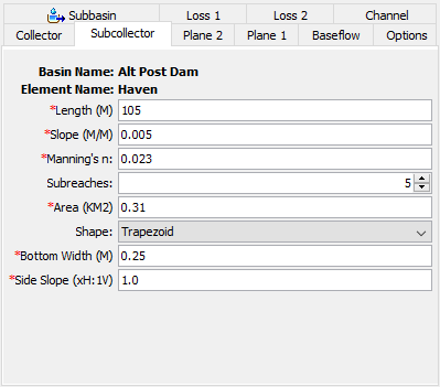 Figure 6. Kinematic Wave Subcollector Component Editor