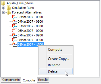 Deleting a forecast alternative in the Watershed Explorer.