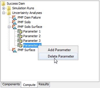 Figure 11. Deleting a selected parameter from an uncertainty analysis