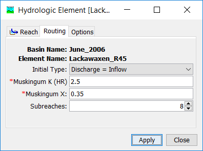 Figure 6. Muskingum routing method editor.