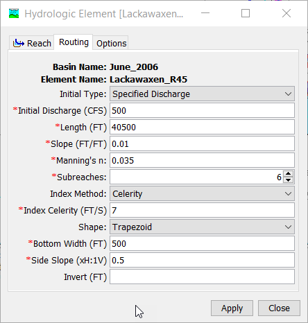 Figure 2. Kinematic wave routing method editor.