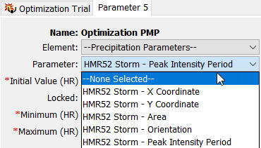 Figure 13. Parameter options for an optimization trial configured to work with a HMR 52 Storm meteorologic model