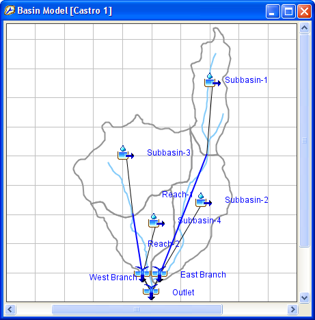 Basin map for a basin model named Castro 2. The basin map is shown in the Desktop area of the program screen.
