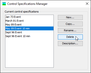 Figure 6. Deleting a control specifications in the Control Specifications Manager.