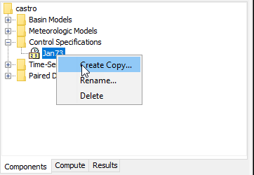 Figure 3. Copying a control specifications from the Watershed Explorer.  The Copy Control Specifications will appear after the Create Copy...menu command is selected. 