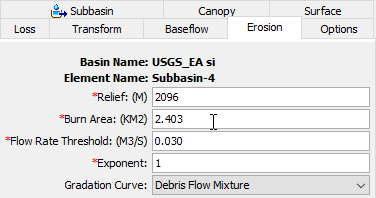 USGS Emergency Assessment Debris Model Editor at a subbasin element