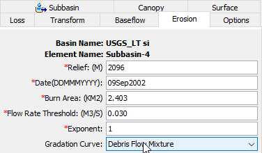 USGS Long-Term Debris Model Editor at a subbasin element