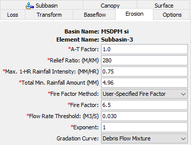 Multi-Sequence Debris Prediction Method Editor with User-Specified Fire Factor Method at a subbasin element