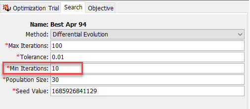 Minimum iterations option for a trial using the differential evolution search method