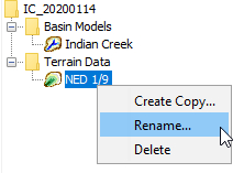 Renaming a terrain data component from the Watershed Explorer
