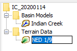 Editing the name of a terrain data component in the Watershed Explorer