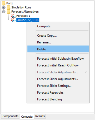 Deleting a Forecast Alternative in the Watershed Explorer