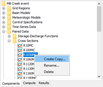 Creating a copy of a cross section by selecting it in the Watershed Explorer and using the right-mouse menu