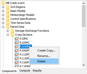 Deleting a cross section by selecting it in the Watershed Explorer and using the right-mouse menu