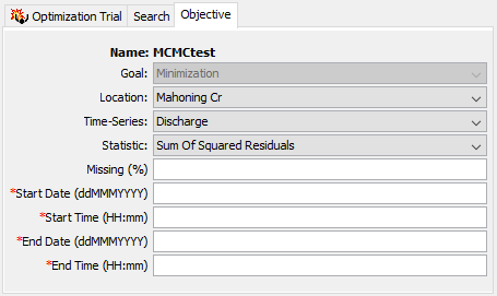The Objective tab of the Component Editor for MCMC optimization