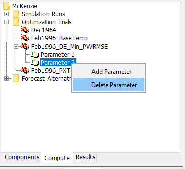 Deleting a Parameter in the Watershed Explorer