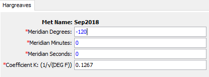 Entering the longitude of the central meridian of the local time zone (US Pacific in this case) and Hargreaves shortwave radiation coefficient