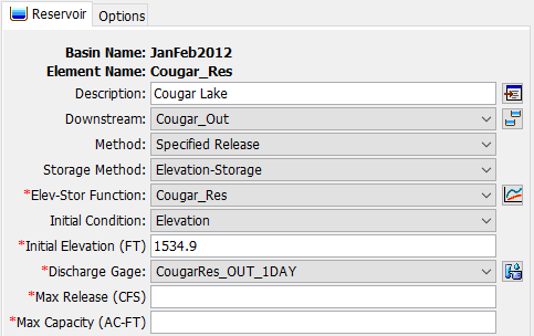 Reservoir Component Editor using the specified release routing method with an elevation-storage function